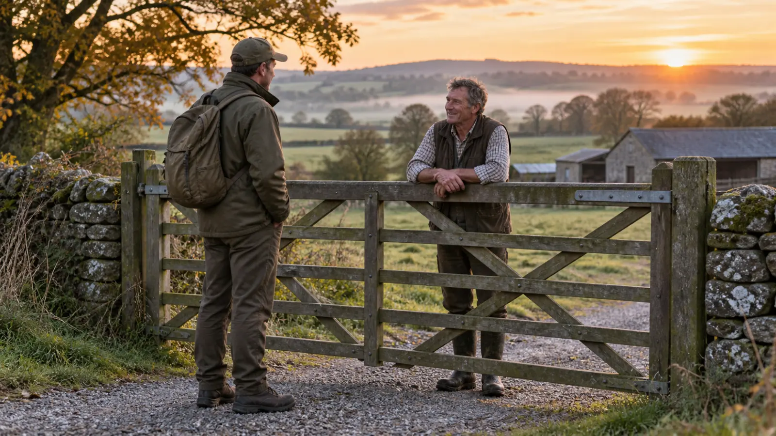 Two adults discussing access beside a closed farm gate in autumn.